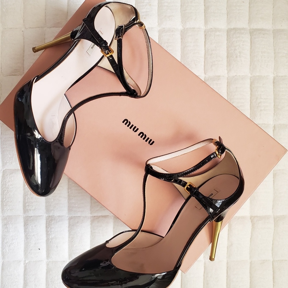 Miu Miu Black Patent T-Strap Heels with Gold Stiletto